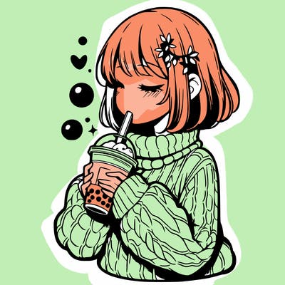 manga girl drinking boba in cozy sweater