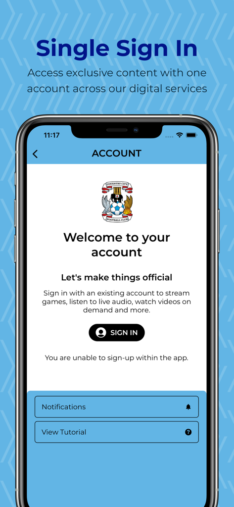 Coventry City FC - コヴェントリー・シティFC公式アプリのアカウントログイン画面。