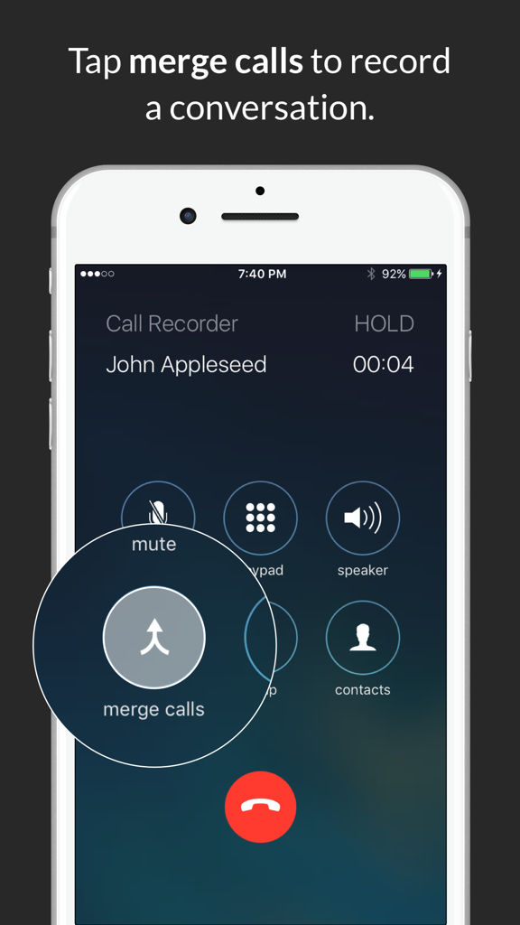 iPhone screen showing how to record a phone call by tapping the merge calls button