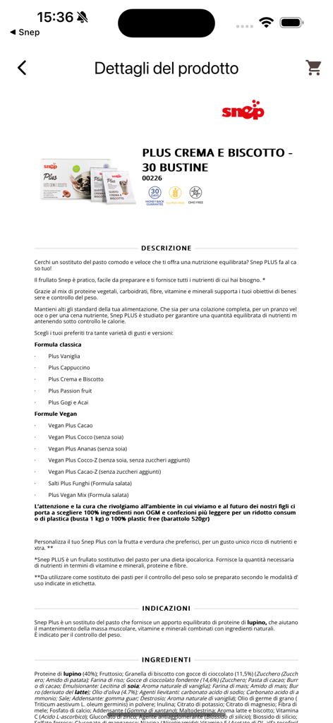 Snep - Snep app product details screen for Plus Crema e Biscotto meal replacement shake