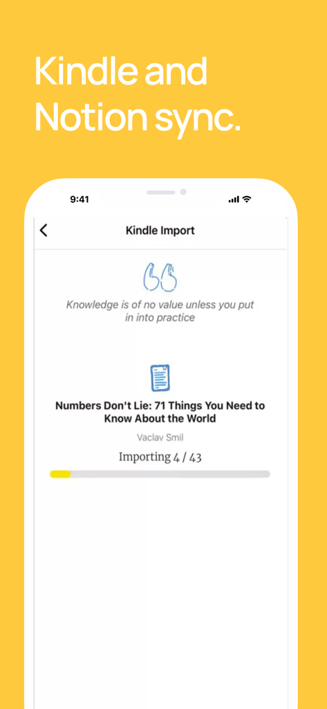 Basmo.Reading Tracker,Book Log - Basmo app interface showing Kindle import and Notion synchronization progress for book highlights