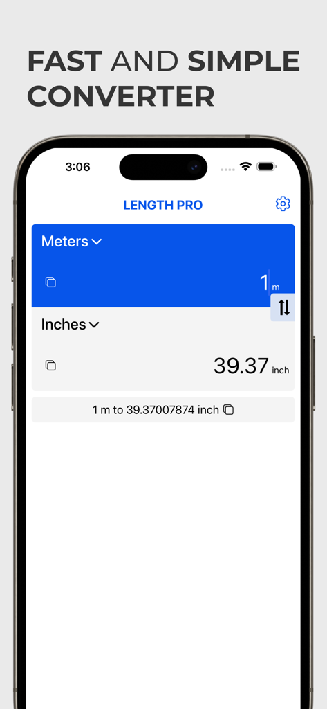 長さ換算アプリのインターフェース。モバイルデバイス上でメートルからインチへの換算が表示されている。