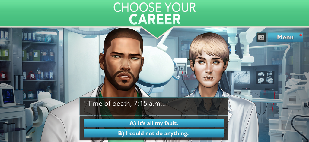 Is It Love? Blue Swan Hospital - Zwei Ärzte in einem Krankenzimmer stehen nach dem Tod eines Patienten im Blue Swan Hospital Mobile Game vor einer dramatischen Entscheidung