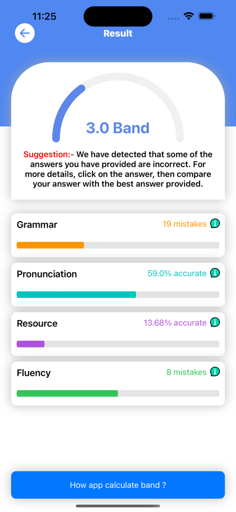 IELTS PTE Exam Prep - BabyCode - IELTS and PTE exam preparation result screen showing a 3.0 band score and performance breakdown for grammar and pronunciation