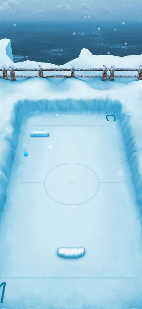 Una captura de pantalla de Ping Pong 3D que muestra el nivel temático ártico con paletas cubiertas de nieve y una pelota azul en una mesa de hielo.
