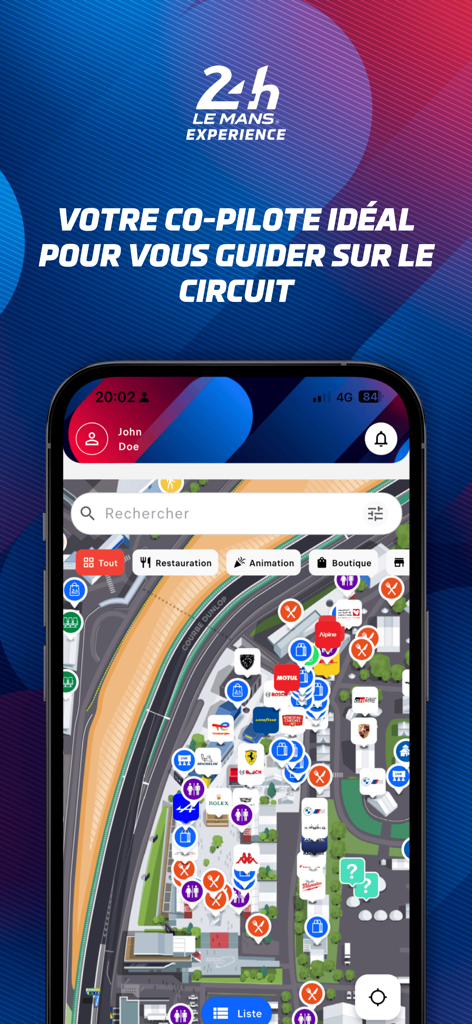 Carte interactive du circuit des 24 Heures du Mans avec des points d'intérêt dans l'application mobile