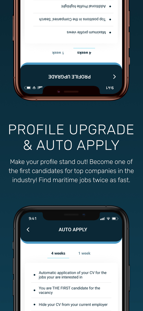 Maritime Zone: Seafarer Jobs - Maritime Zone app screen showing profile upgrade and auto apply options for maritime job seekers