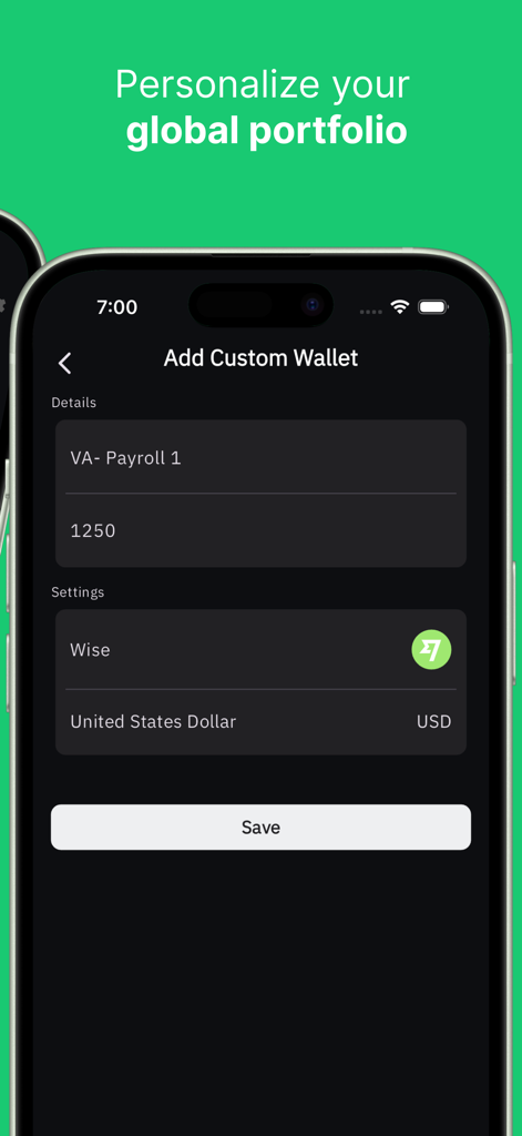 Finnest App interface for adding a custom wallet with US dollar currency selection