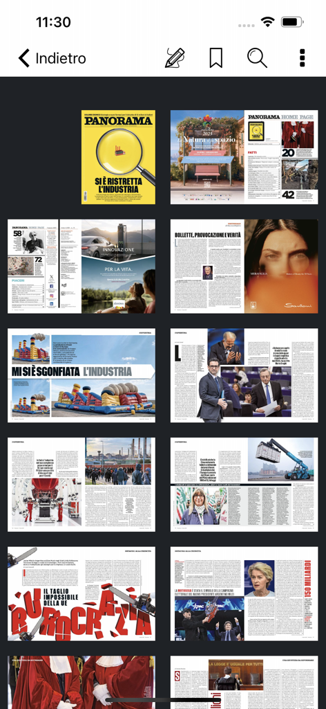 Vista de cuadrícula de artículos e informes de revistas italianas dentro de la aplicación digital Panorama