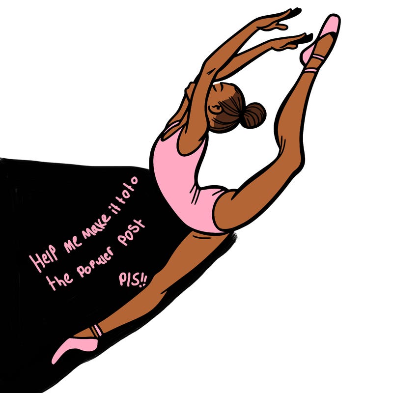 gymnast doing a leap in a leotard with a bent back leg
