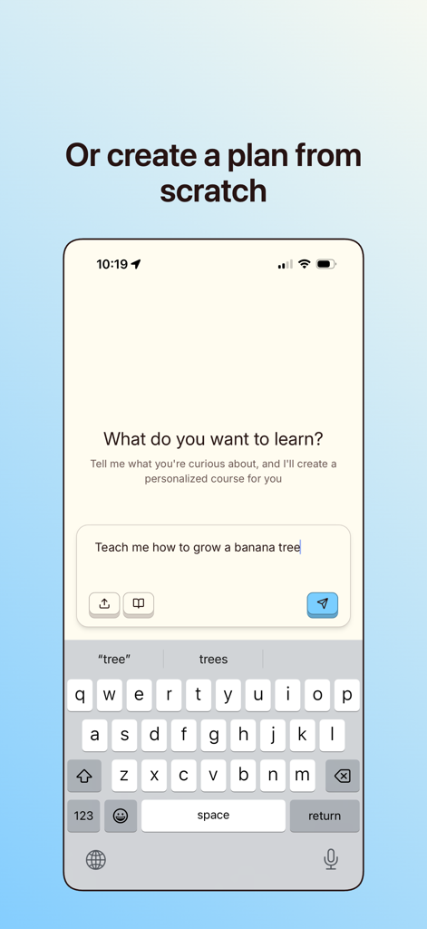 Wondering - Learn Anything - L'interfaccia dell'app Wondering in cui un utente digita un obiettivo di apprendimento personalizzato per generare una roadmap di corsi personalizzata.