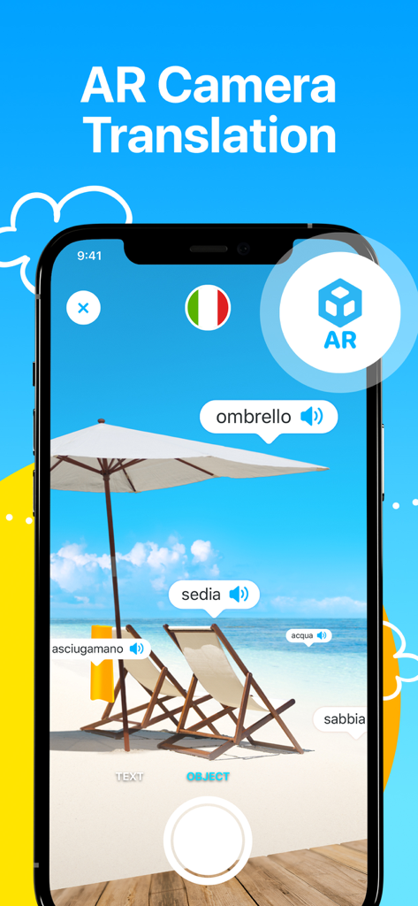 Dialog - Translate Speech - AR-Kameramodus in der Dialog-App, der Strandobjekte auf Italienisch identifiziert und beschriftet