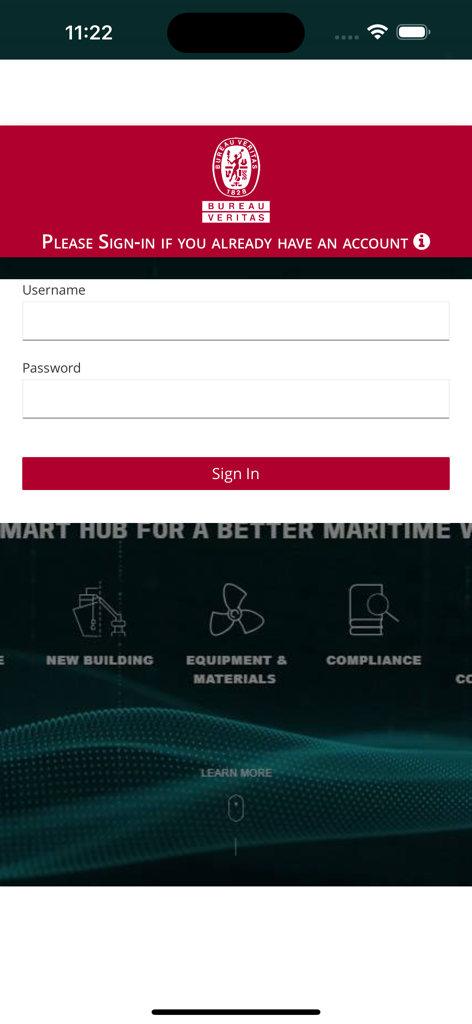 Login page for the Bureau Veritas MOVE - Fleet In Service maritime app.