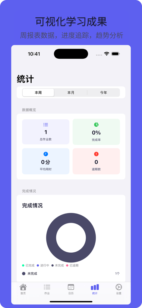 作业记录本 - Un panel en la aplicación Homework Record Book que muestra estadísticas de estudio y un gráfico circular de finalización de tareas