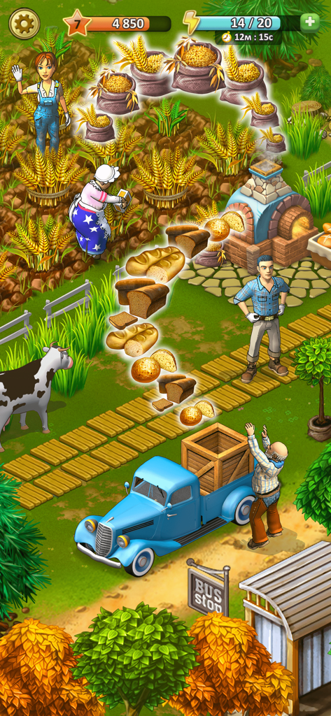 Janes Farm: Family farmer land - Una escena de granja bulliciosa en Janes Farm donde los miembros de la familia cosechan trigo y cargan pan recién horneado en un camión azul.