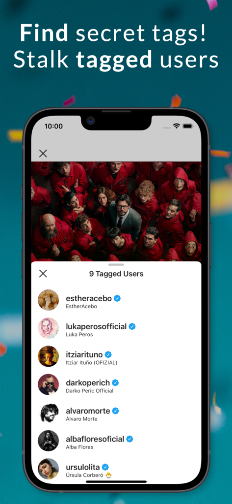 Smartphone screen showing the secret tags and tagged users list feature in the Picuki app