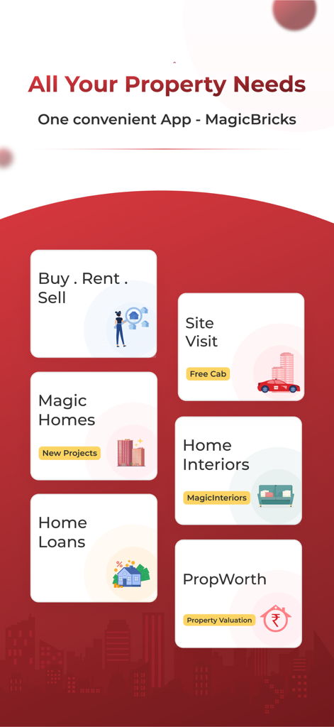 Magicbricks app interface showing service categories like buying renting selling home loans and property valuation