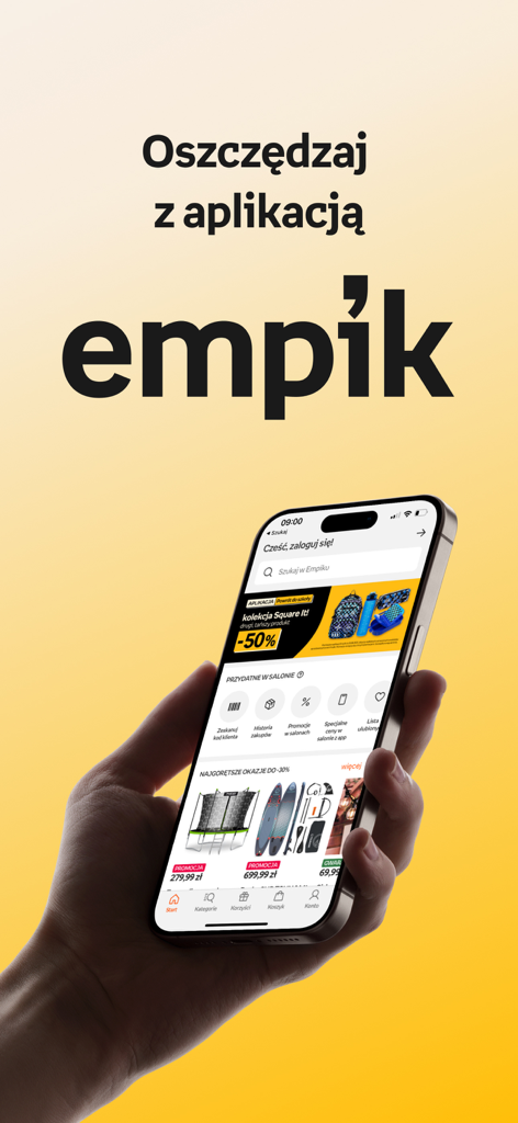 Empik - A hand holding a smartphone displaying the Empik app home screen with product offers and discounts