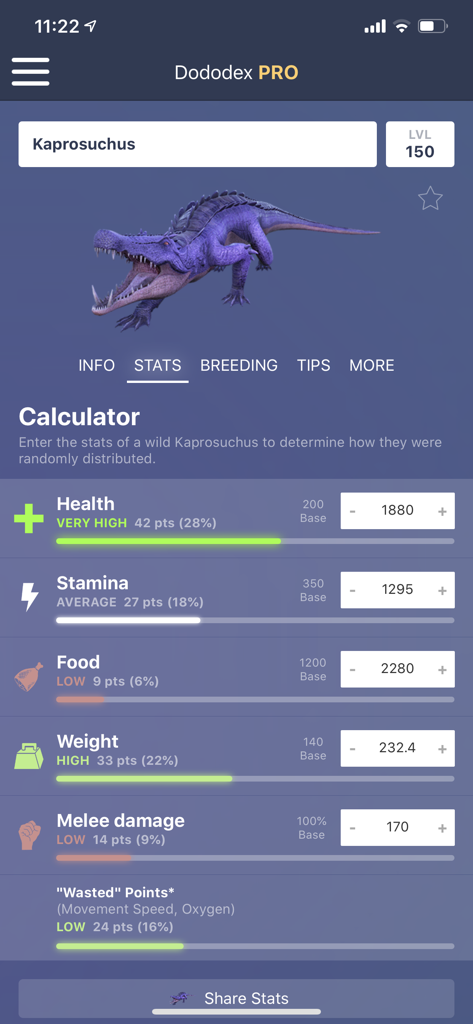Dododex app stat calculator for a Kaprosuchus creature in ARK Survival Ascended showing health stamina and damage attributes