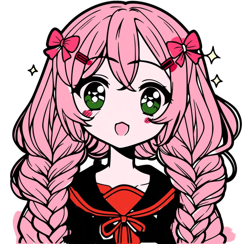 anime girl with two big braids in front and one big braid in the back