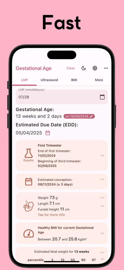 Gestational Age (baby's age) - Interface of the Gestational Age app displaying pregnancy dates and clinical measurements.