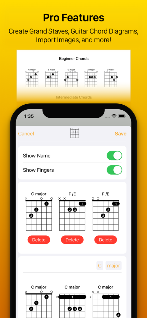 Mustud app interface showing the creation and customization of guitar chord diagrams on a mobile screen