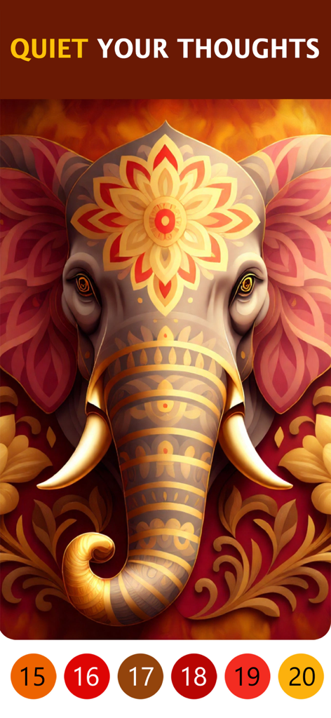 Arte vibrante de una mandala de elefante en una interfaz de pintar por números con el texto Calma Tus Pensamientos