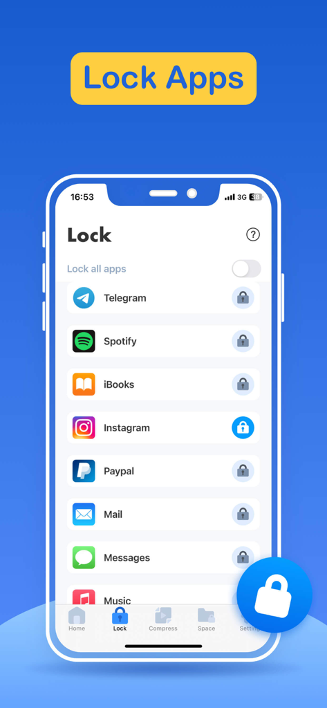 Interface of the Storage Cleaner app showing the Lock Apps feature to secure social media and private applications.
