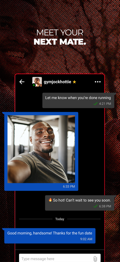 SQ Dating: Gay Chat & Meet - A chat screen from the SQ Dating app showing a conversation and photo exchange between two men.