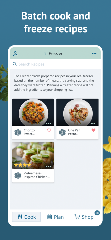 Plan to Eat app interface showing a freezer inventory of batch cooked meals with serving sizes and frozen dates.