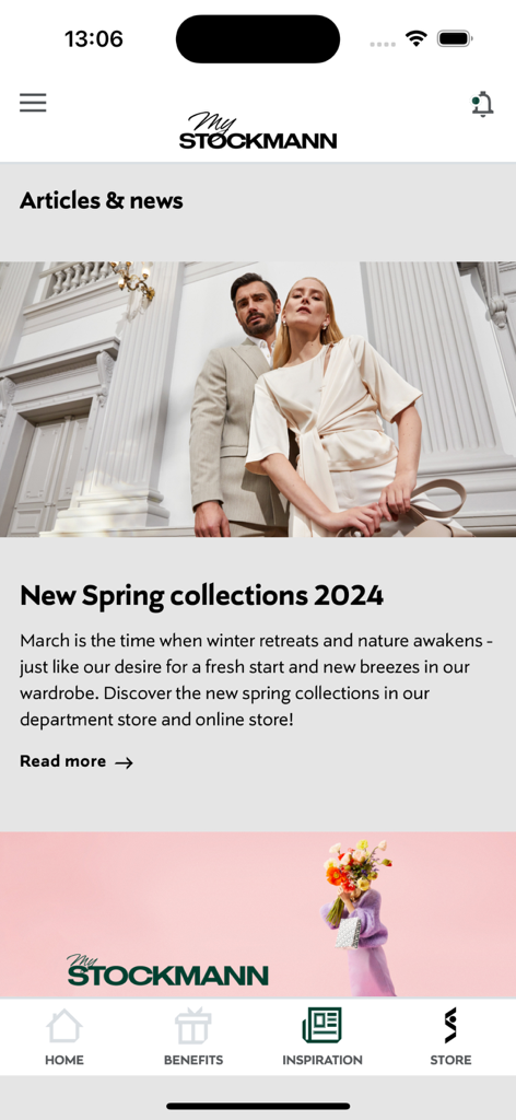 MyStockmann - MyStockmann mobile app articles and news screen showing the 2024 spring fashion collection.