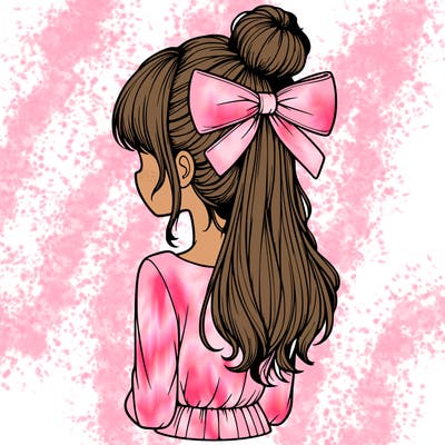 realistic girl  with hip length hair a bun and a big bow on the back of head