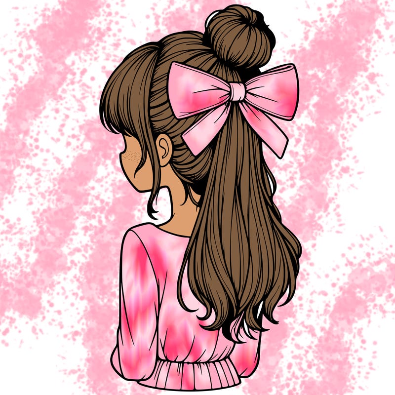 realistic girl  with hip length hair a bun and a big bow on the back of head
