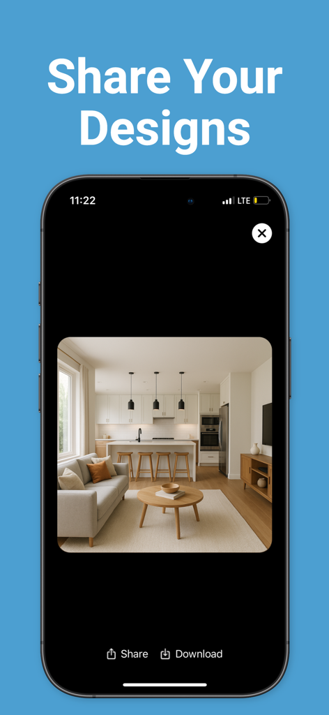 Home AI: Home Design & Garden - Mobile screen showing a minimalist kitchen and living room design with share and download buttons