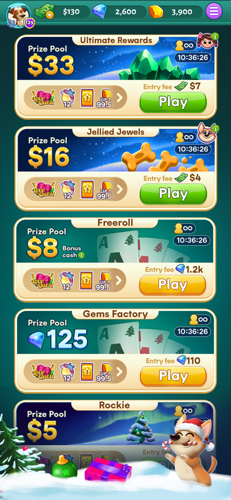 Solitaire Cash - Une liste de tournois basés sur les compétences avec des prix en argent dans l'application Solitaire Cash