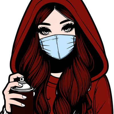 girl wearing a mask with long hair with her hood up spray-painting realistic