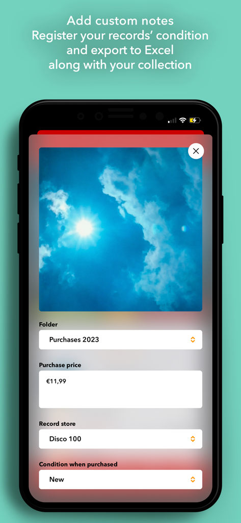 Discographic for Discogs - Interfaccia dell'app Discographic per aggiungere il prezzo di acquisto e le condizioni del disco a una collezione di vinili.