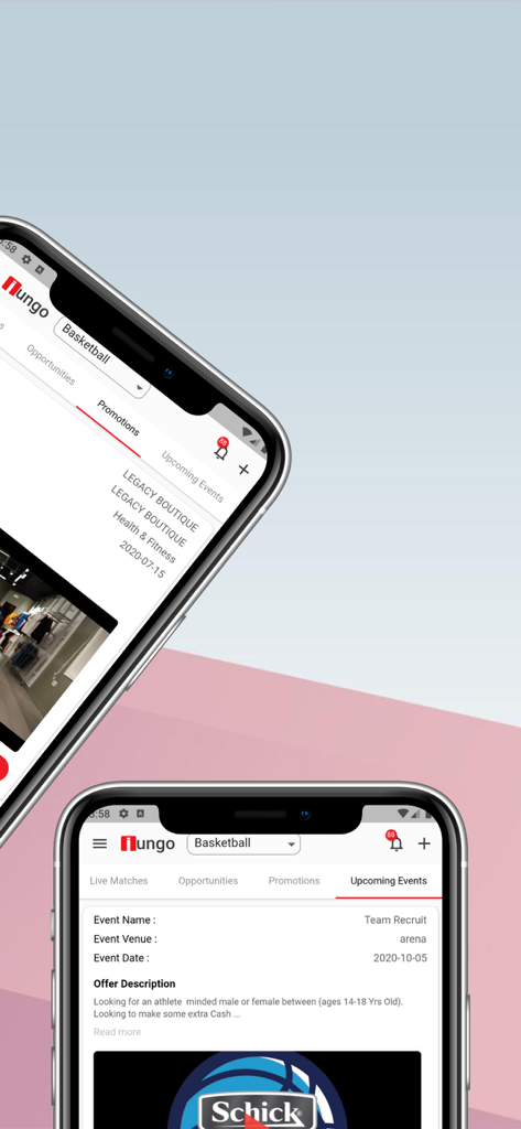 Iungo World - Iungo World app interface showing sports recruitment events and career opportunities for athletes