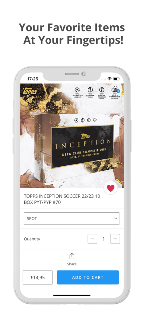 TFF Breaks - A product detail page on the TFF Breaks app featuring a Topps Inception soccer card box for a live card break