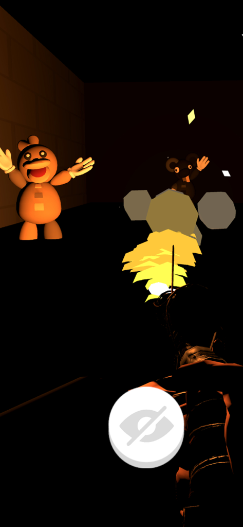 Night Watchman! - First person view of scary teddy bears in a dark hallway in the game Night Watchman.