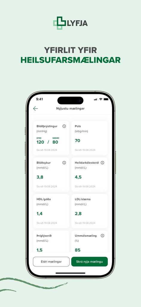 Lyfja hf. - Panel de la aplicación Lyfja que muestra mediciones de salud, incluida la presión arterial, el pulso y el colesterol