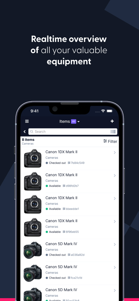 Mobile screen showing a list of camera equipment with availability status in Cheqroom