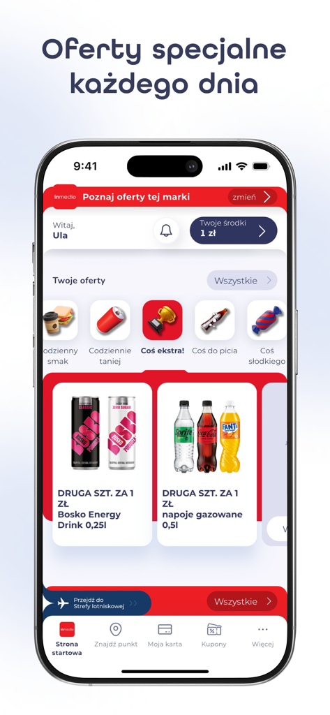 Kameleon - promocje i okazje - Kameleon app dashboard showing daily special offers and beverage discounts for loyalty program members