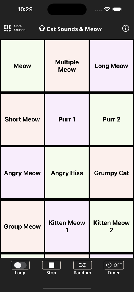Cat Sounds & Meow - A soundboard interface from the Cat Sounds and Meow app showing a grid of buttons for various feline vocalizations like meow purr and kitten sounds