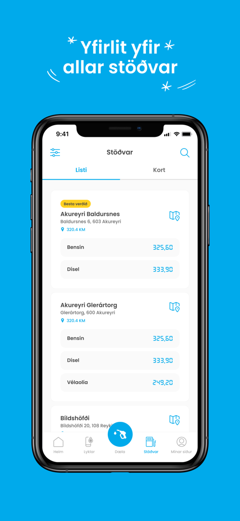 Atlantsolía - A mobile app screen showing a list of gas stations with current fuel prices for gasoline and diesel