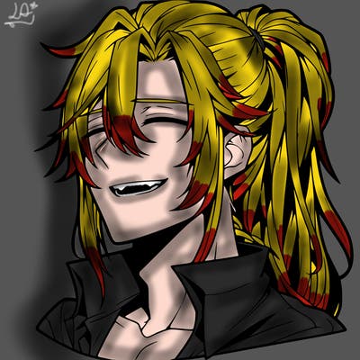 realistic hot anime boy with a grin and long hair in a pony tail