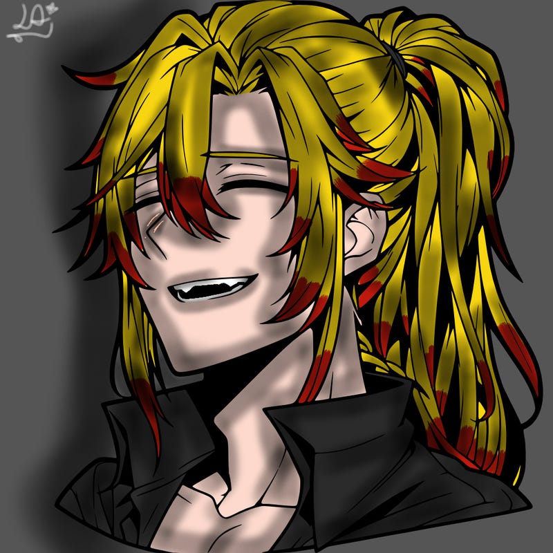 realistic hot anime boy with a grin and long hair in a pony tail