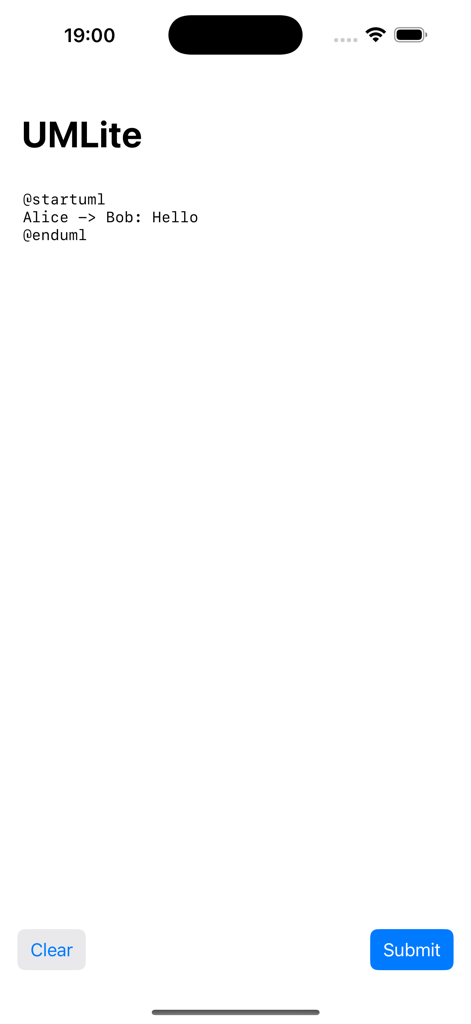 UMLite - Interfaz de la aplicación móvil UMLite que muestra un editor de código con un script PlantUML simple y un botón de enviar