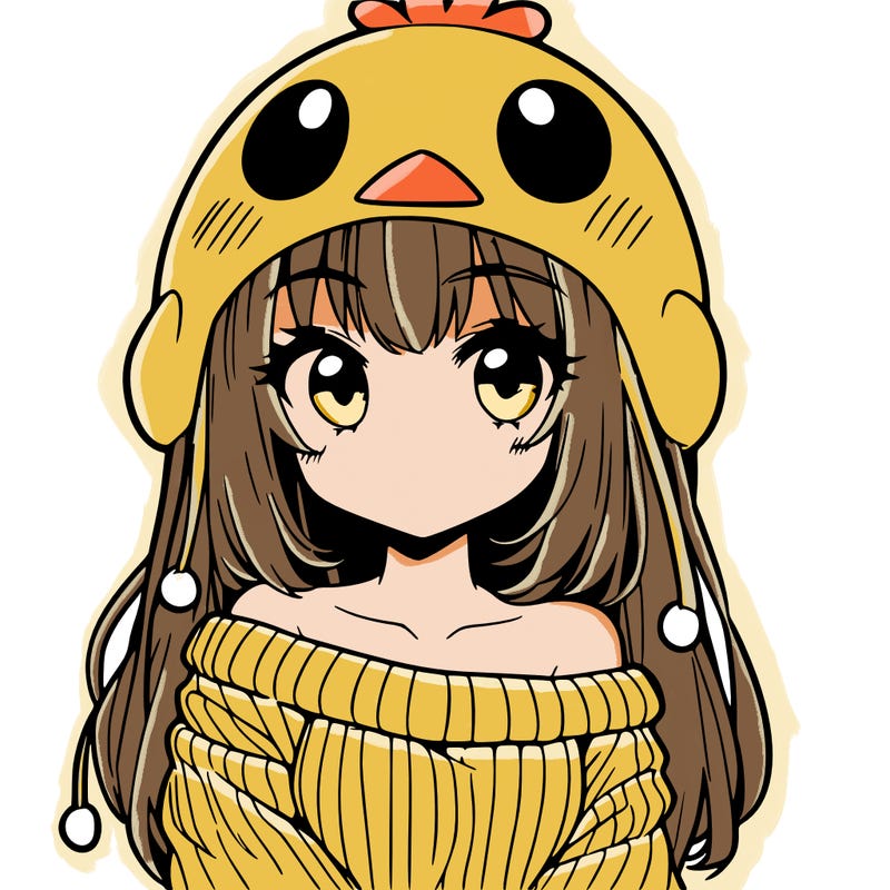 anime girl with chick shaped hat with sweater with bare shoulders with bangs covering them one eye with low tail
