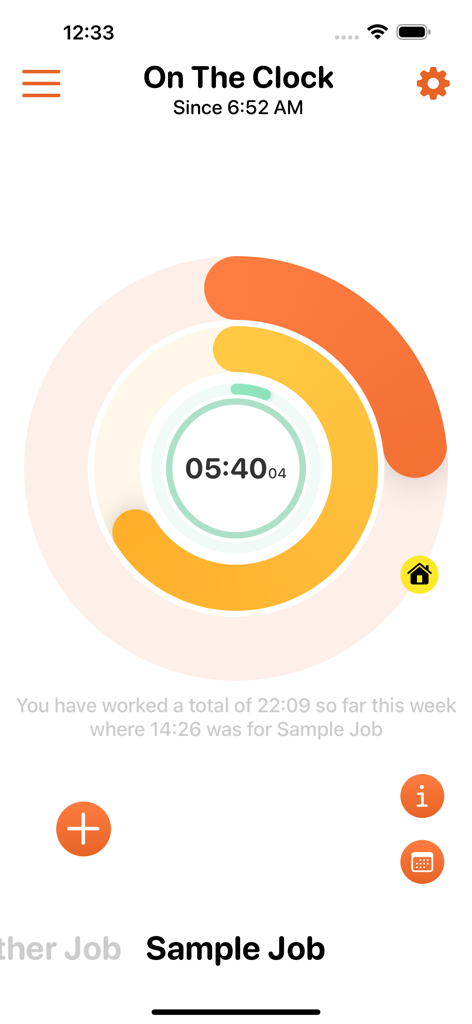 Dashboard dell'app Time Arc che mostra un timer di lavoro circolare e le ore settimanali monitorate per un lavoro di esempio.